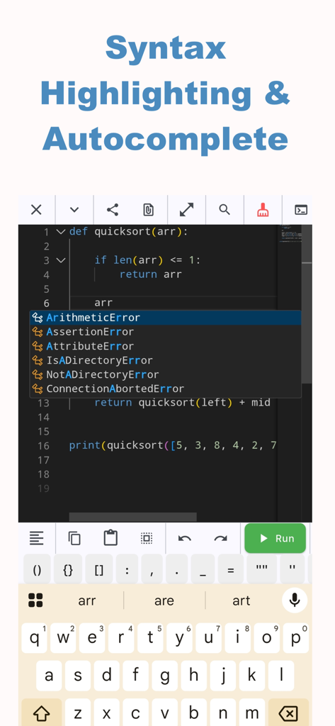 PyStudio - Learn & Run Python - Mobile Python code editor with syntax highlighting and an autocomplete dropdown menu showing error types.