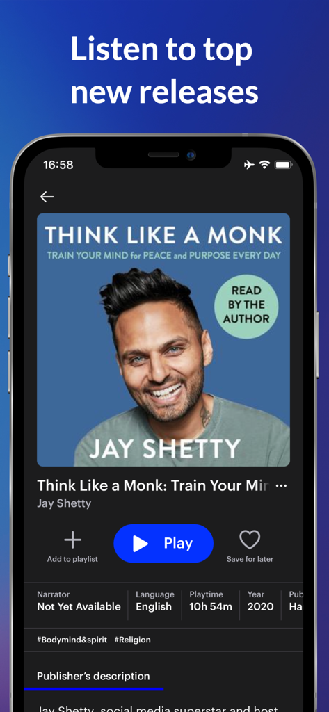 Anyplay app interface displaying the audiobook Think Like a Monk by Jay Shetty