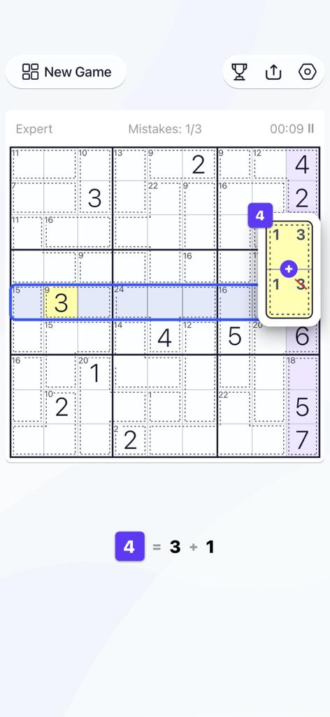 Killer Sudoku - Puzzle Games - Killer Sudoku expert puzzle grid showing a cage sum calculation