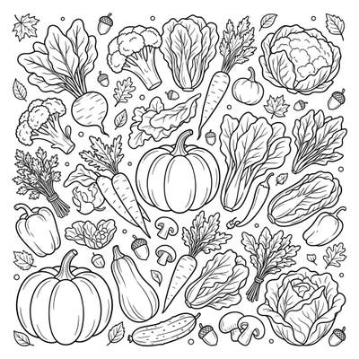 Dive into the vibrant world of autumn with this beautiful coloring page featuring a rich assortment of fresh vegetables and crisp salads. Perfect for celebrating the harvest season, this detailed illustration offers hours of creative fun for colorists of all ages.