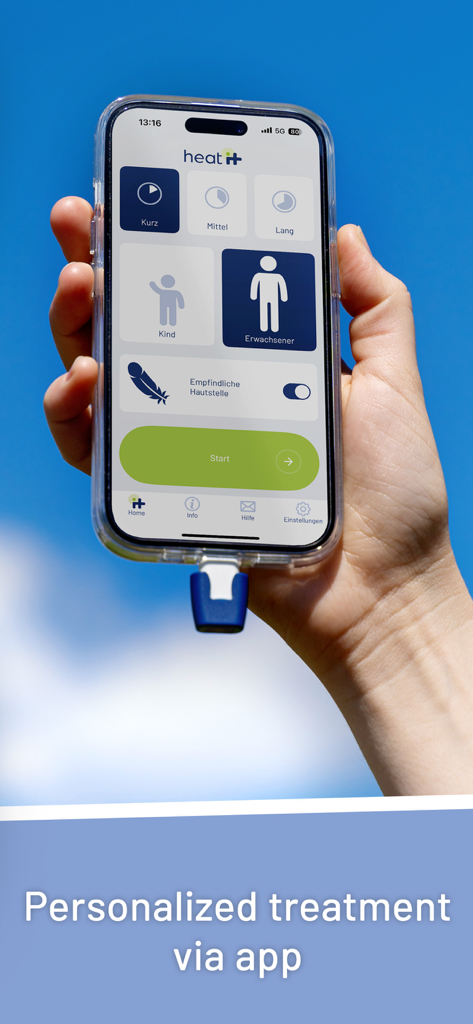 heat it - A person holding an iPhone with the heat it hardware attached and the app open for personalized insect bite treatment.
