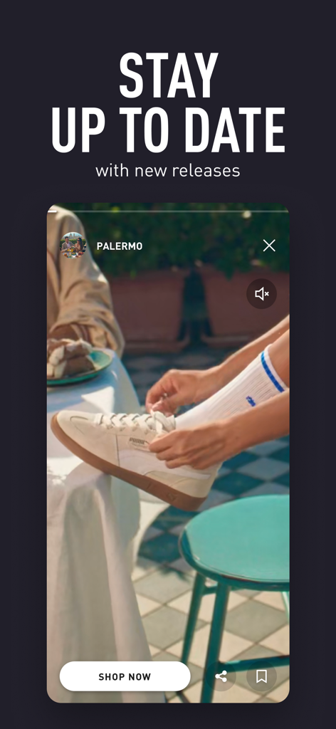 PUMA | Clothes & Sneakers App - Interfaccia dell'app PUMA con un aggiornamento lifestyle per le sneaker Palermo e un pulsante acquista ora