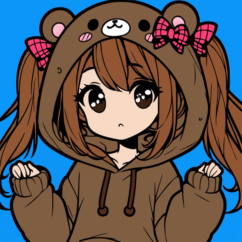 cute anime girl with ponytails and a cute bear hoodie