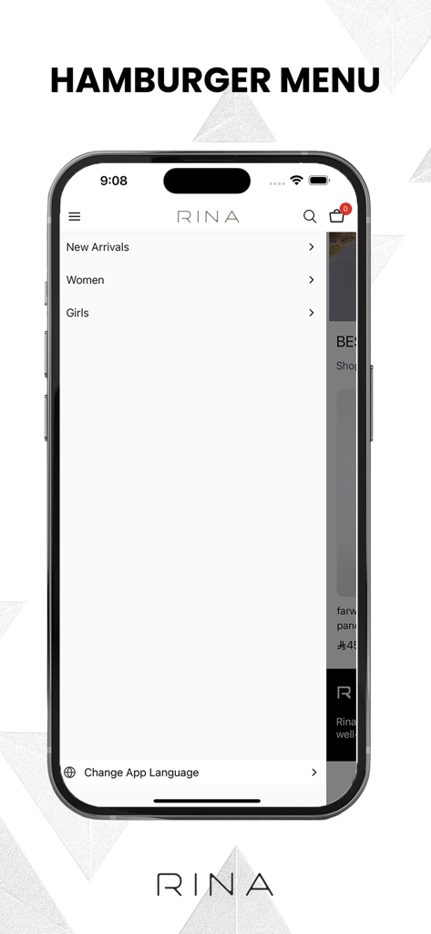 Screenshot of the Rina app's hamburger menu showing navigation categories for New Arrivals, Women, and Girls.