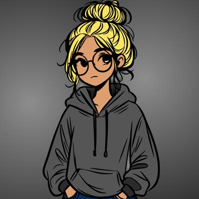 teen girl with a messy bun and glasses wearing a loose hoodie and jeans