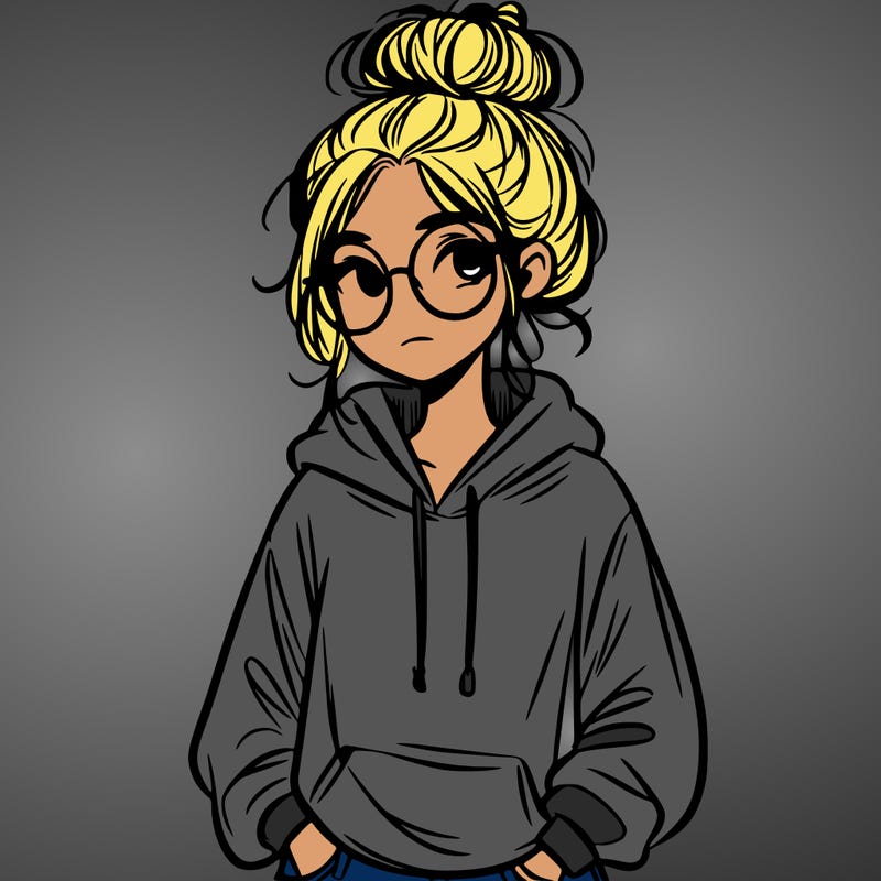 teen girl with a messy bun and glasses wearing a loose hoodie and jeans