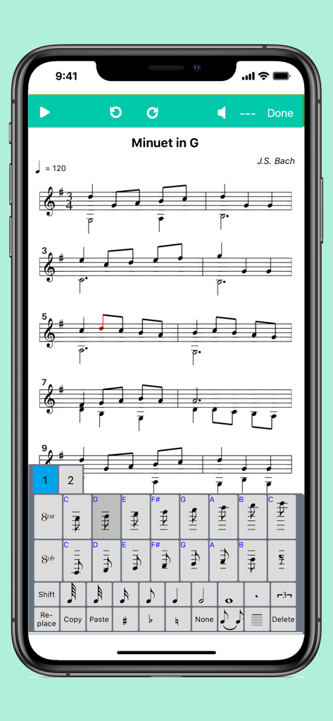 Score Creator Pro - Score Creator Pro app interface showing the musical score for Minuet in G and a custom notation keyboard on an iPhone