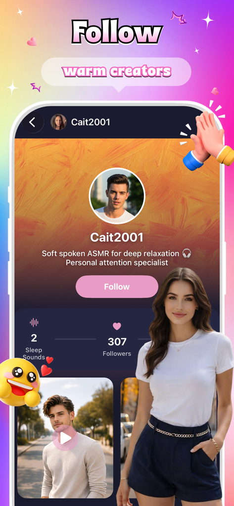 Hush - relaxation - Uma página de perfil para um criador de ASMR no aplicativo de relaxamento Hush mostrando sons para dormir e um botão de seguir