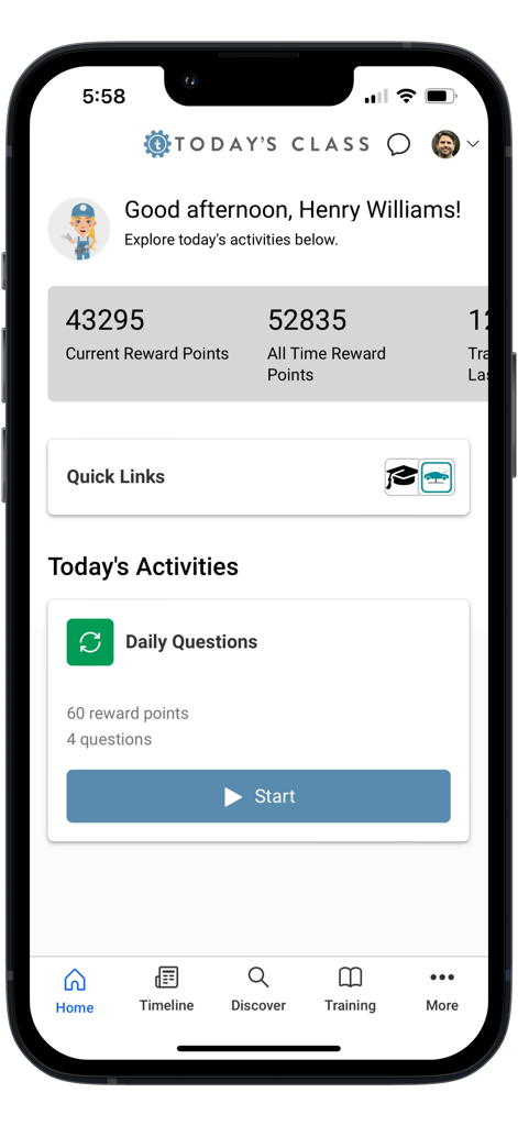 Today's Class - Dashboard of Today's Class app showing user reward points and daily training questions.