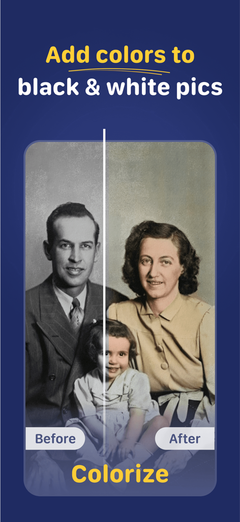 AI 사진 품질 향상 앱을 사용하여 흑백 사진을 컬러로 복원하는 전후 비교