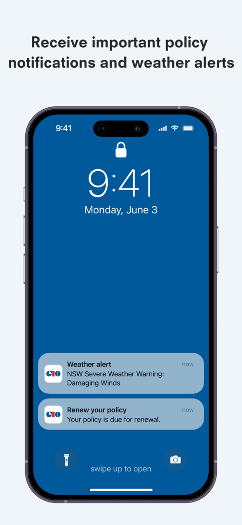 iPhone lock screen displaying GIO app push notifications for severe weather alerts and insurance policy renewal reminders