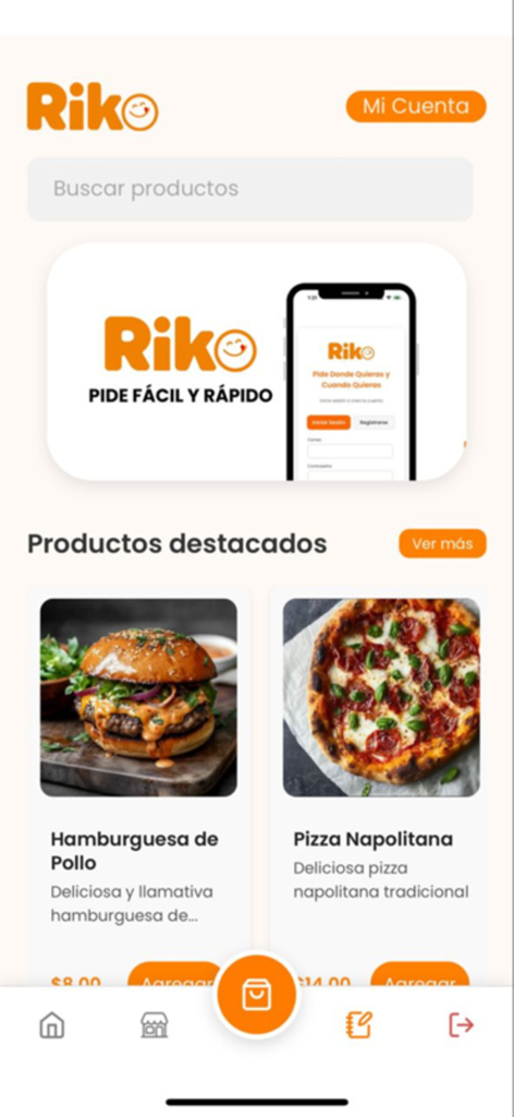 Riko App - Interfaz móvil de la app de delivery Riko que muestra una hamburguesa de pollo y pizza napolitana