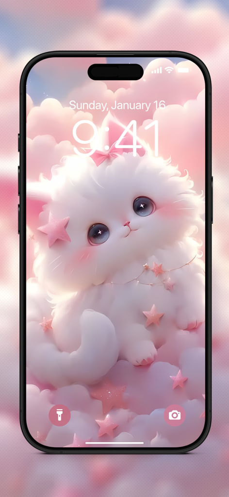 Cute Cat Wallpapers 4K - Aesthetic white fluffy kitten with pink stars wallpaper