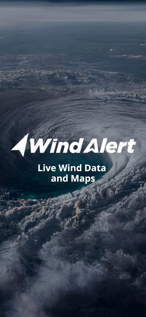 WindAlert: Wind & Weather Map - WindAlert app splash screen featuring a satellite view of a hurricane and text overlaying Live Wind Data and Maps