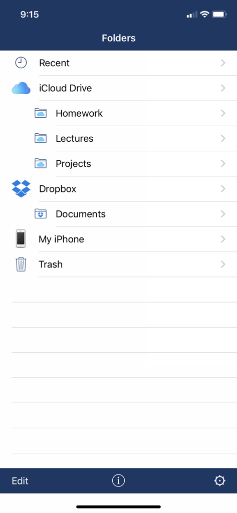 AudioNote™ - AudioNote app interface showing folder organization and cloud storage integration for iCloud and Dropbox