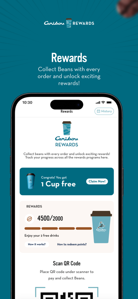 Caribou Rewards - Interfaz de la aplicación Caribou Rewards mostrando el progreso de los frijoles de lealtad y las ofertas de café gratis