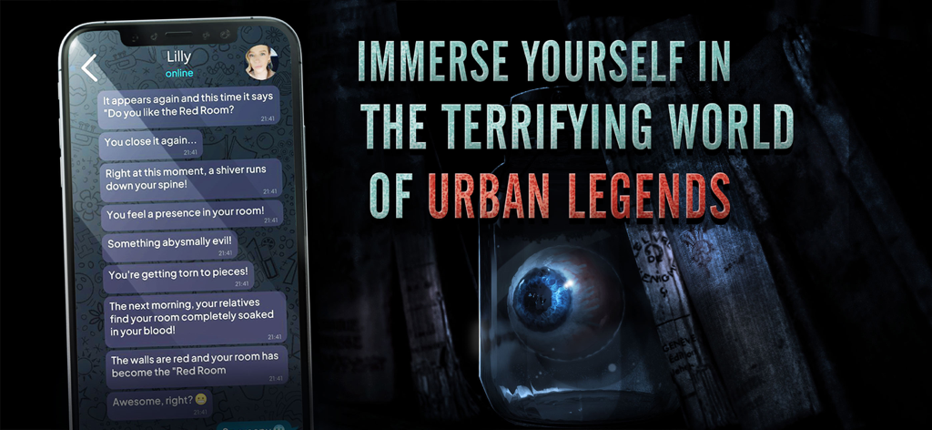 Uno smartphone che mostra una inquietante conversazione via messenger accanto a un barattolo contenente un occhio blu dal gioco Argus Urban Legend.
