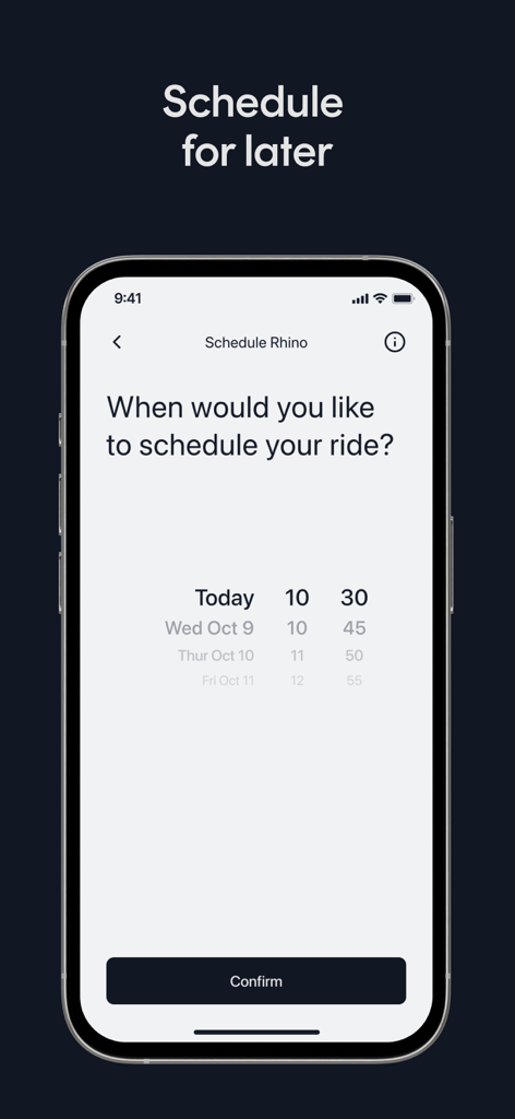 Rhino: Premium armored rides - Interface do aplicativo Rhino mostrando a opção de agendar uma viagem blindada premium para uma data e hora posteriores