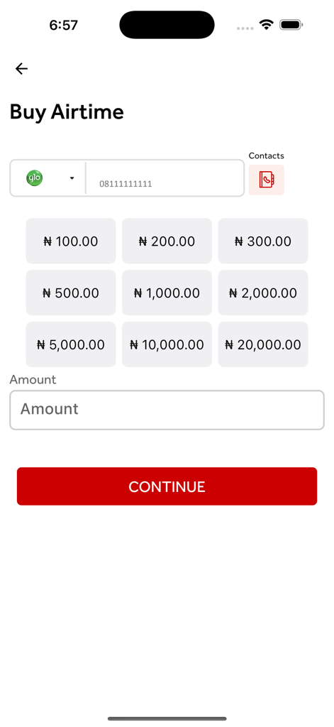 EazybyZenith - EazybyZenith app interface for purchasing mobile airtime with preset Naira amounts