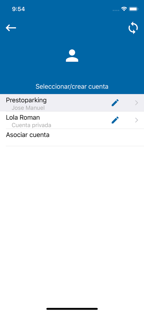 Presto Parking - Pantalla de la aplicación Presto Parking para seleccionar o crear cuentas personales y de empresa
