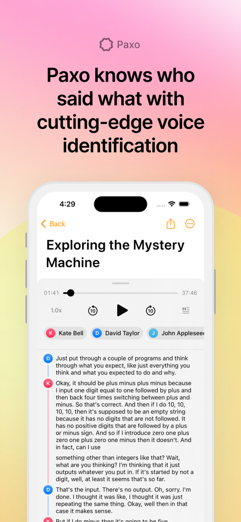 Paxo: AI Meeting Notes - Paxo AI meeting notes interface showing speaker identification and transcript