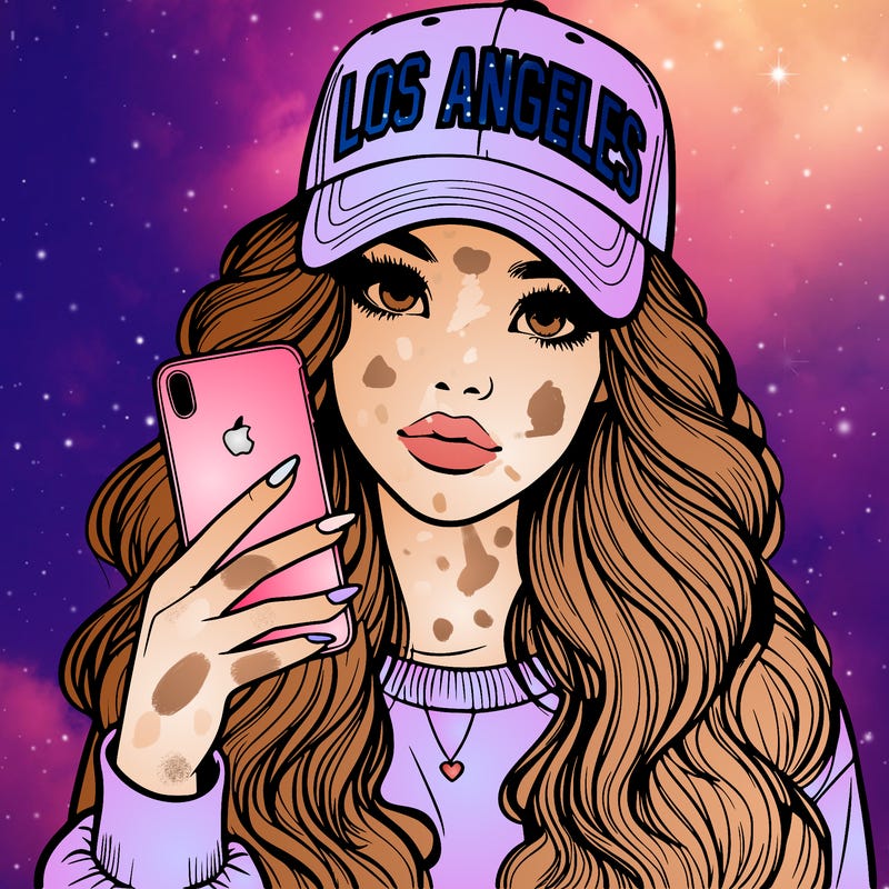 realistic beautiful girl wearing los ángeles cap holding an iphone