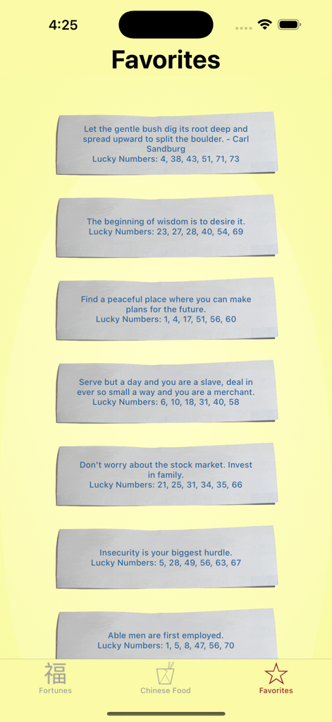 Virtual Fortune Cookie - Una pantalla que muestra una lista de fortunas guardadas con citas y números de lotería de la suerte en la aplicación Virtual Fortune Cookie.