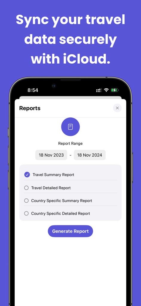 Places Been: Country Tracker - Mobile screen showing travel report options in Places Been app with iCloud sync.