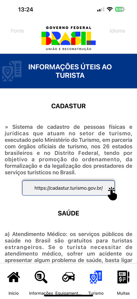 Mercosul App - Interfaz de Mercosul App que muestra información turística útil sobre servicios de salud y registro de Cadastur en Brasil