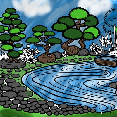 a serene zen garden with raked gravel, bonsai trees, and tranquil ponds