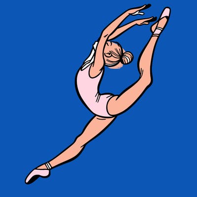 gymnast doing a leap in a leotard with a bent back leg