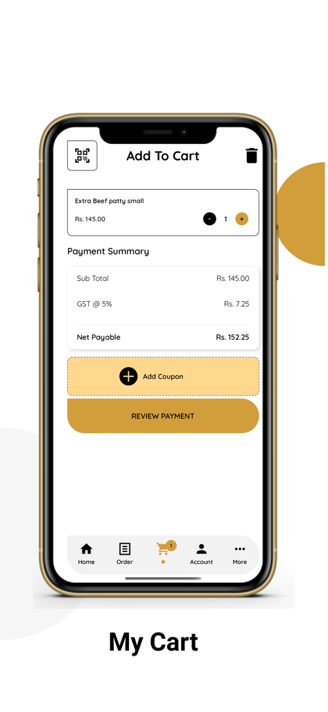 Downtown Bistro - La pantalla Mi Carrito de la aplicación móvil Downtown Bistro mostrando un resumen de pago y un botón para revisar el pago.