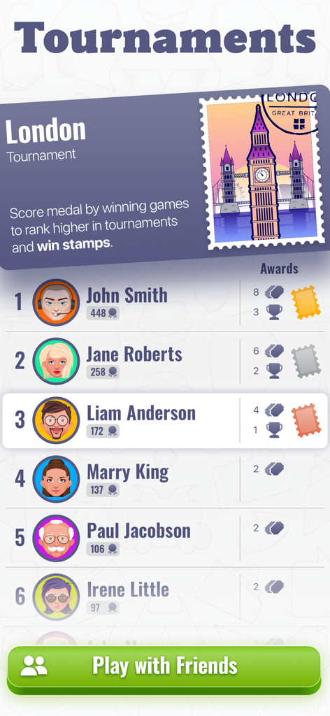 Sudoku Multiplayer Challenge - Pantalla de clasificación del torneo de Sudoku con clasificaciones de jugadores y premios en Londres