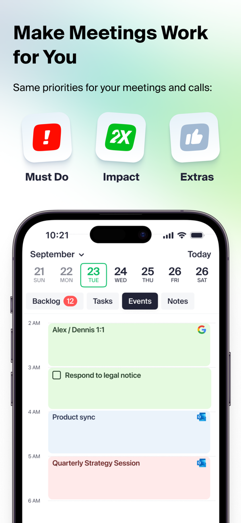 Daily Planner! - Interfaz de la aplicación 2X Planner que muestra reuniones priorizadas y sincronización de calendario con Google y Outlook.
