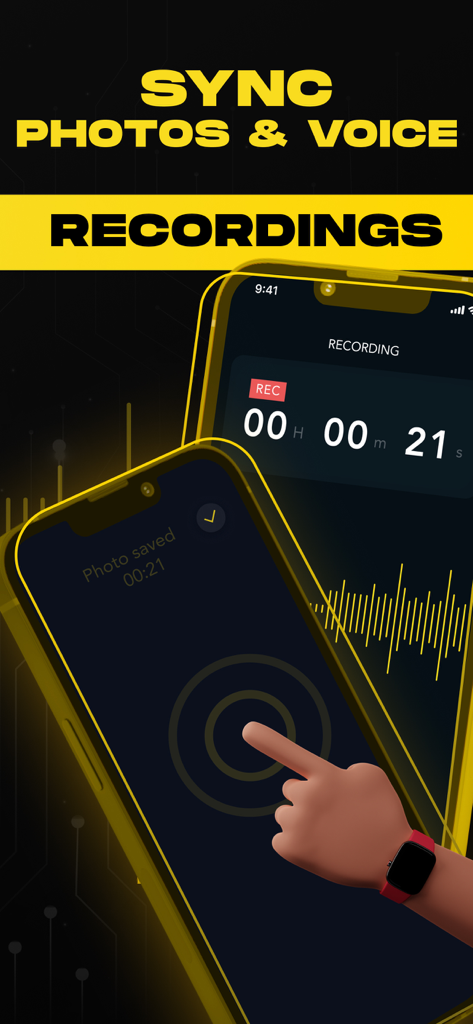 Ear Spy Apps - Super Hearing - A mobile interface for the Ear Spy app showing synchronized voice recording and photo capture features with a yellow and black theme.