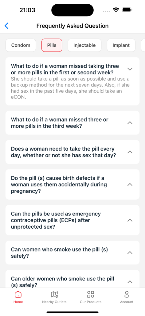 Meri Sangini - Pantalla de Preguntas Frecuentes en la aplicación Meri Sangini que proporciona información médica sobre las píldoras anticonceptivas.