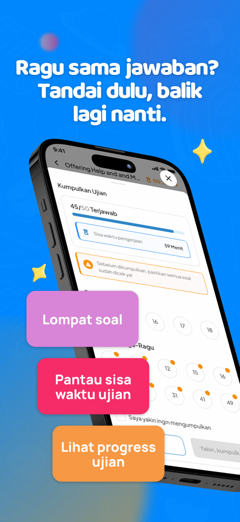 Pijar Sekolah: Siswa - Interface of the Pijar Sekolah app showing student exam progress, a countdown timer, and a question navigation grid on an iPhone.