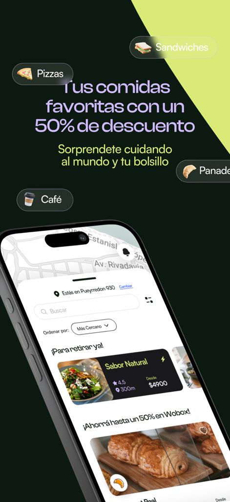 Wobox - Wobox app interface showing 50 percent discounts on food and nearby stores to reduce food waste