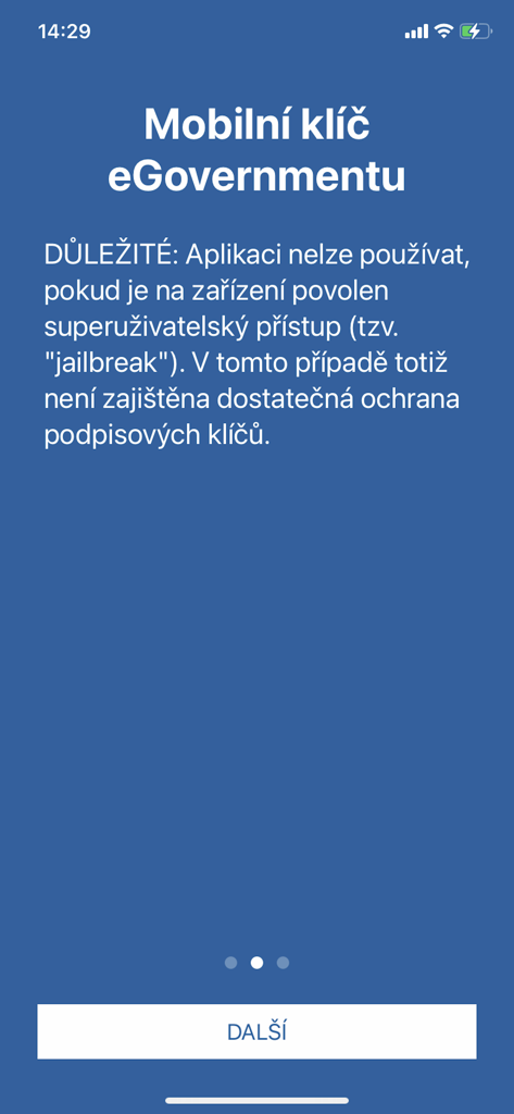 Mobilní klíč eGovernmentu - Security warning screen in the Mobilní klíč eGovernmentu app regarding jailbroken devices.