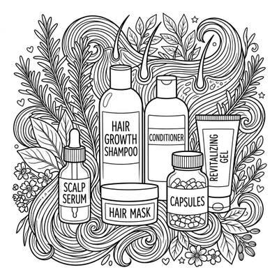 Dive into a world of beauty and self-care with this engaging coloring page featuring an array of hair growth and care products. Discover therapeutic relaxation as you bring vibrant life to bottles, serums, and lush botanical elements designed for healthy hair.