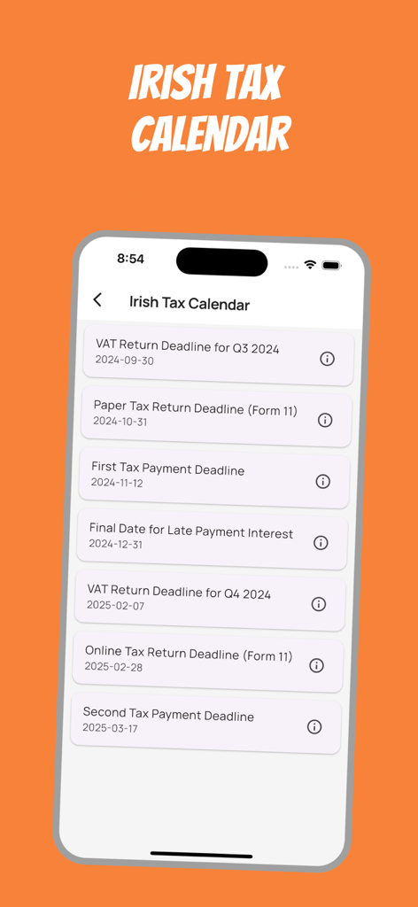 Mobile screen displaying a list of Irish tax filing and payment deadlines.