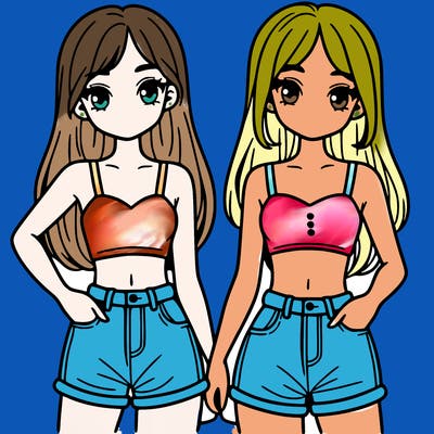 two sisters with crop tops and jean shorts and straight hair