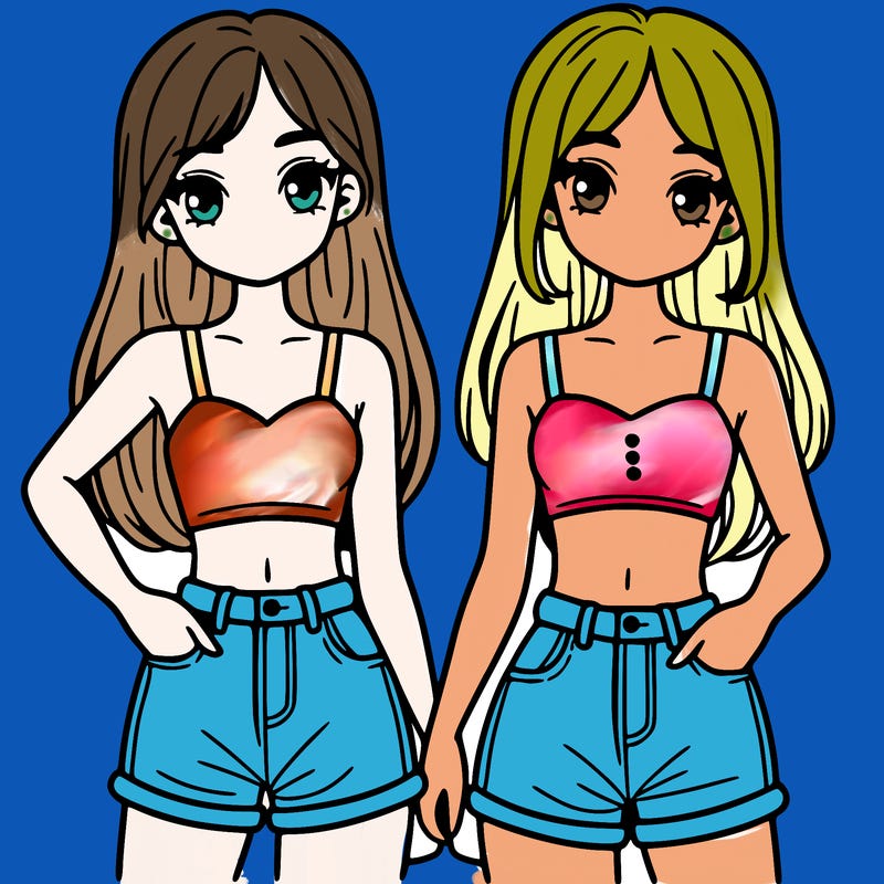 two sisters with crop tops and jean shorts and straight hair