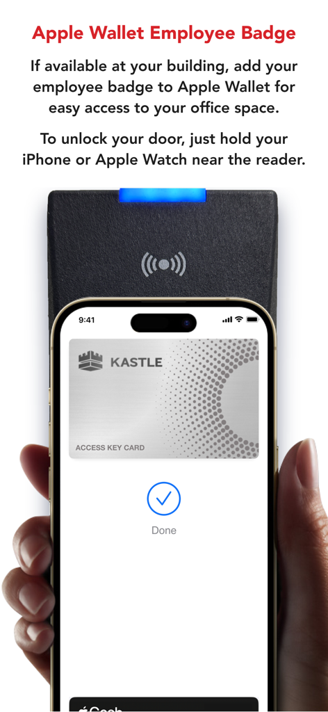 KastlePresence - A person using an iPhone with a Kastle digital employee badge in Apple Wallet to unlock an office door reader.