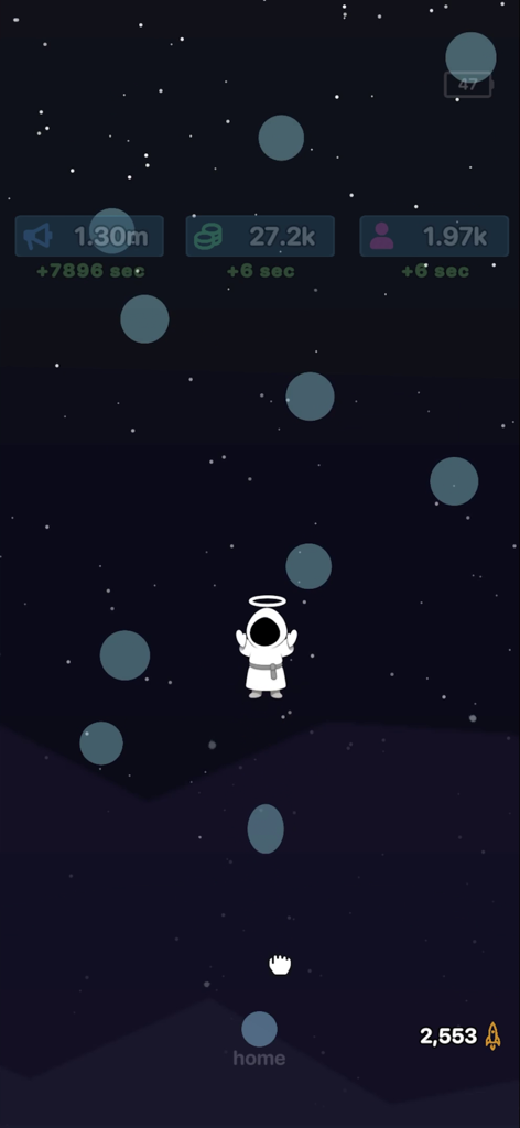 cozy cult - A hooded cult leader with a halo floating in a starry sky surrounded by resource counters and floating orbs