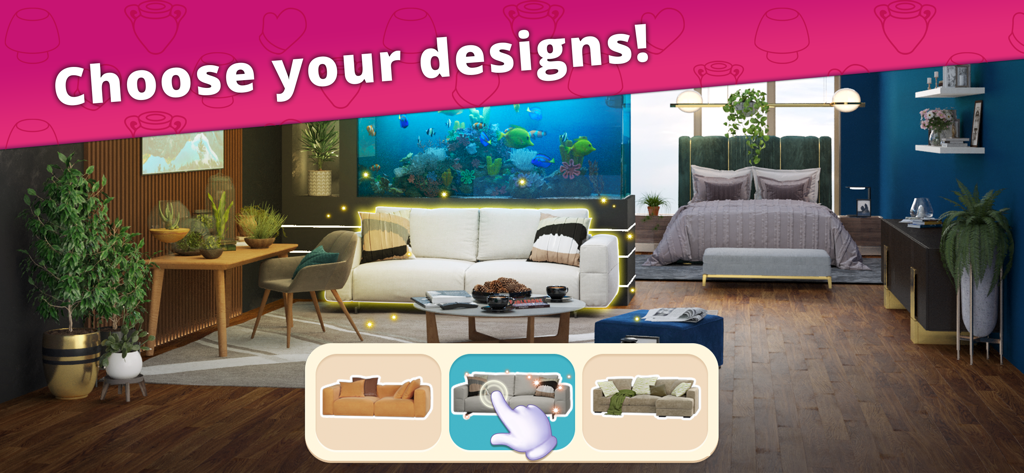 Interior Story:Decorating Home - A gameplay screenshot of Interior Story showing furniture design options for a modern living room with a large aquarium.