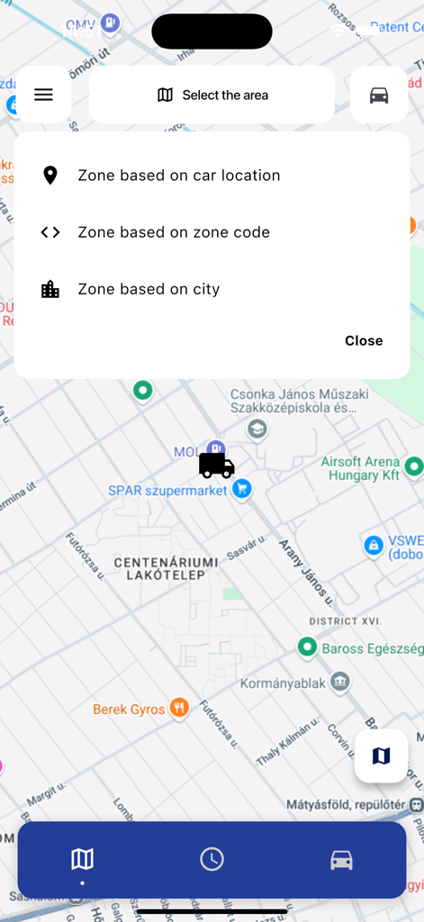 TrackGPS eParking - TrackGPS eParking App Oberfläche zeigt eine Karte und ein Auswahlmenü, um Parkzonen nach Standort, Zonencode oder Stadt zu finden.
