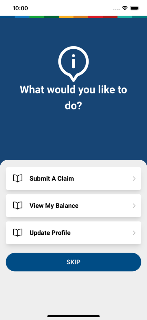 GEMS Member app dashboard showing options to submit a claim view balance and update profile