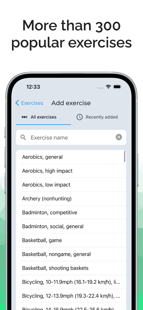Tela do aplicativo Rastreador de Nutrição mostrando uma lista pesquisável de mais de 300 exercícios populares para registro de treinos