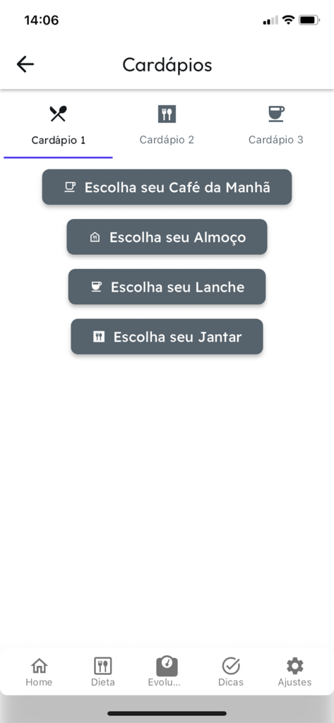 Desafio Diabetes - Low Carb - Meal selection screen for low carb diet in Desafio Diabetes app showing buttons for daily meals